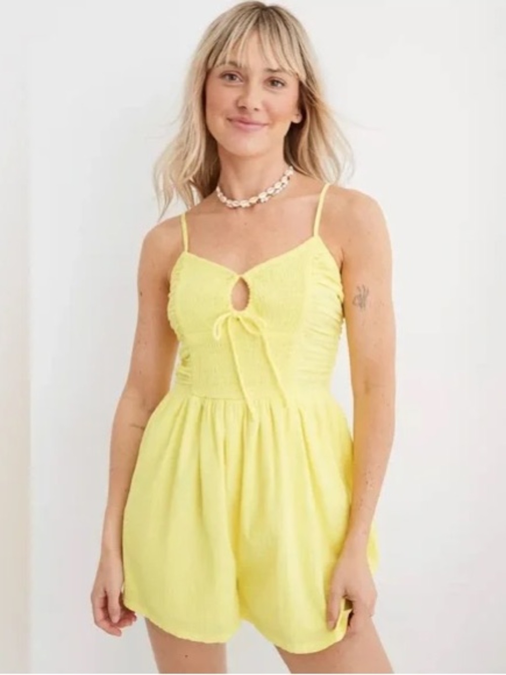 Aerie Bright Yellow Smocked Ruched Tie Front Sleeveless Pockets Shorts Romper XL